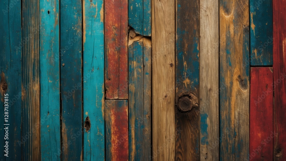 Colorful distressed wooden planks with fine texture in blue, red and brown shades ideal for rustic and vintage design backgrounds. Colorful distressed wooden planks with fine texture in blue, red and brown shades ideal for rustic and vintage design backgrounds.