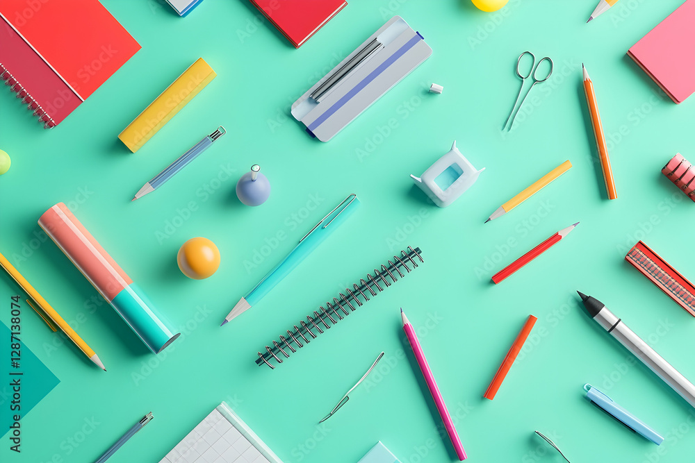 3D-rendered floating stationery items over a gradient background 3D-rendered floating stationery items over a gradient background