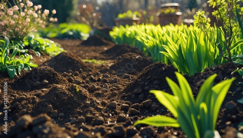 Fertile tilled soil in a vibrant spring garden with blooming flowers and fresh green foliage ready for planting and cultivation. photo