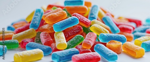 Colorful assortment of YUPI candy piled high on a white background showcasing its vibrant and enticing appeal popular in Indonesia.