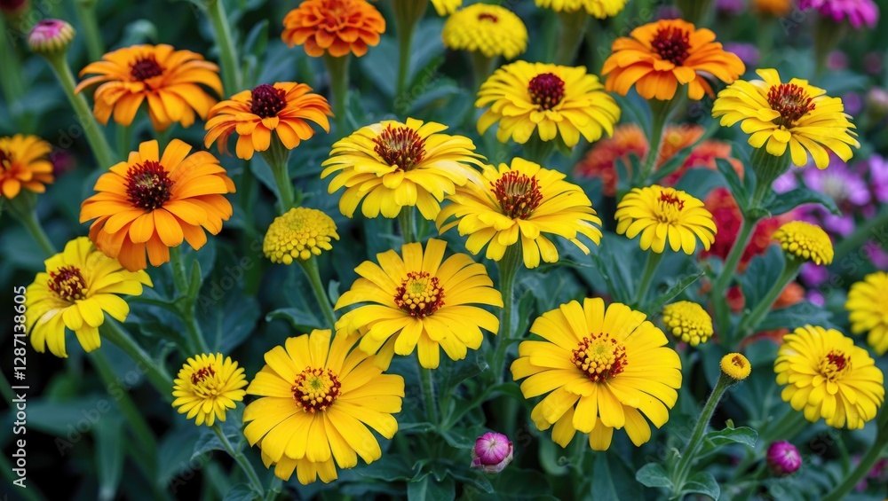 Fototapeta premium Vibrant bouquet of yellow and orange Zinnia flowers in a lush garden setting showcasing their beauty and elegance in nature.