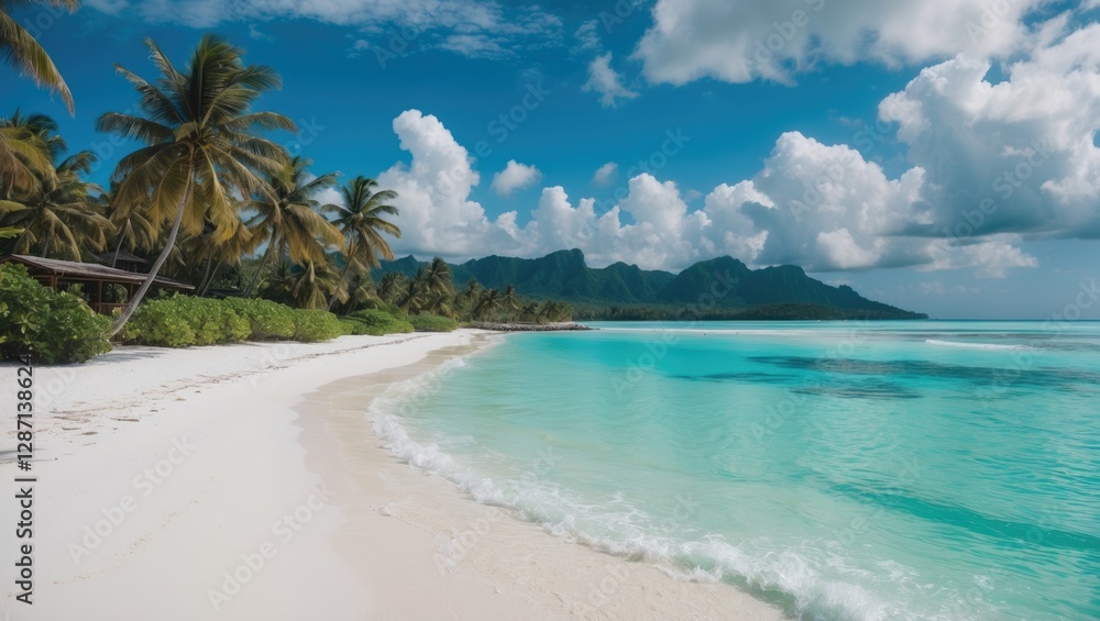 Naklejka premium Tropical Beach Paradise with White Sands Azure Waters Lush Palm Trees and Scenic Mountains Under Clear Blue Sky