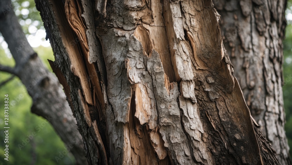 Textured close-up of aged tree bark showcasing natural features and patterns in a forest setting with greenery in the background. Textured close-up of aged tree bark showcasing natural features and patterns in a forest setting with greenery in the background.