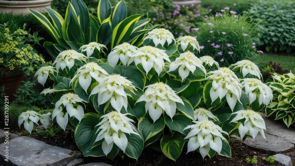 Hosta Plants Blooming with White Flowers in a Lush Garden Setting and Ample Space for Text Overlay Hosta Plants Blooming with White Flowers in a Lush Garden Setting and Ample Space for Text Overlay