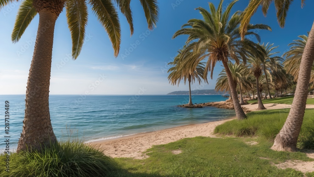 Serene Mediterranean Beach with Palm Trees and Lush Green Grass Under Clear Blue Skies and Tranquil Waters Serene Mediterranean Beach with Palm Trees and Lush Green Grass Under Clear Blue Skies and Tranquil Waters