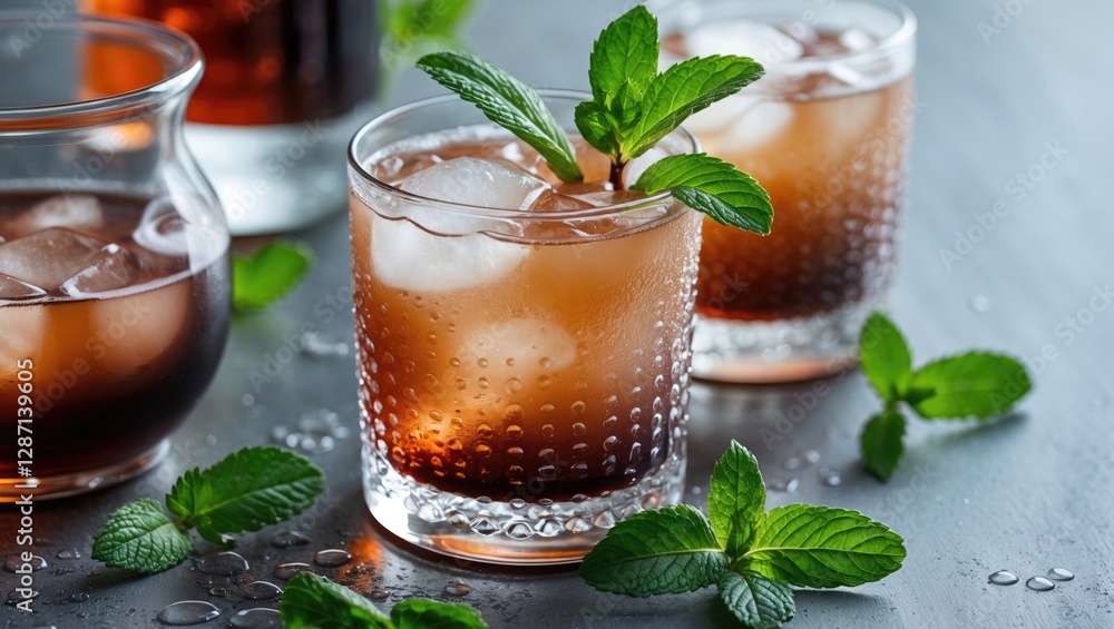 Refreshing Malibu Cola Cocktail with Ice and Fresh Mint Garnish on Table Top Refreshing Malibu Cola Cocktail with Ice and Fresh Mint Garnish on Table Top