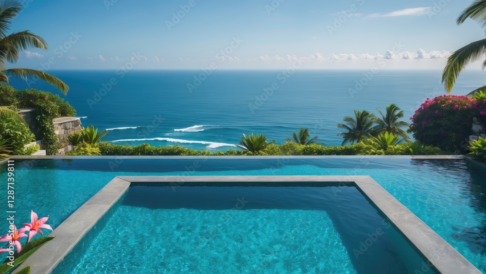 Fototapeta premium Luxurious Infinity Pool Overlooking Serene Ocean Waves and Lush Tropical Landscape