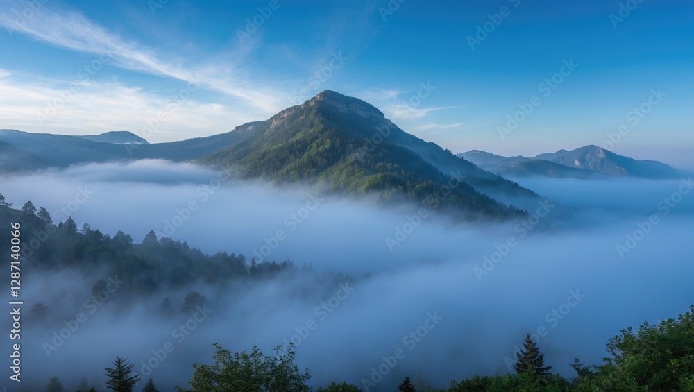 Fototapeta premium Misty Mountain Landscape Under Clear Blue Sky Capturing Serene Natural Beauty and Tranquility in an Idyllic Rural Setting