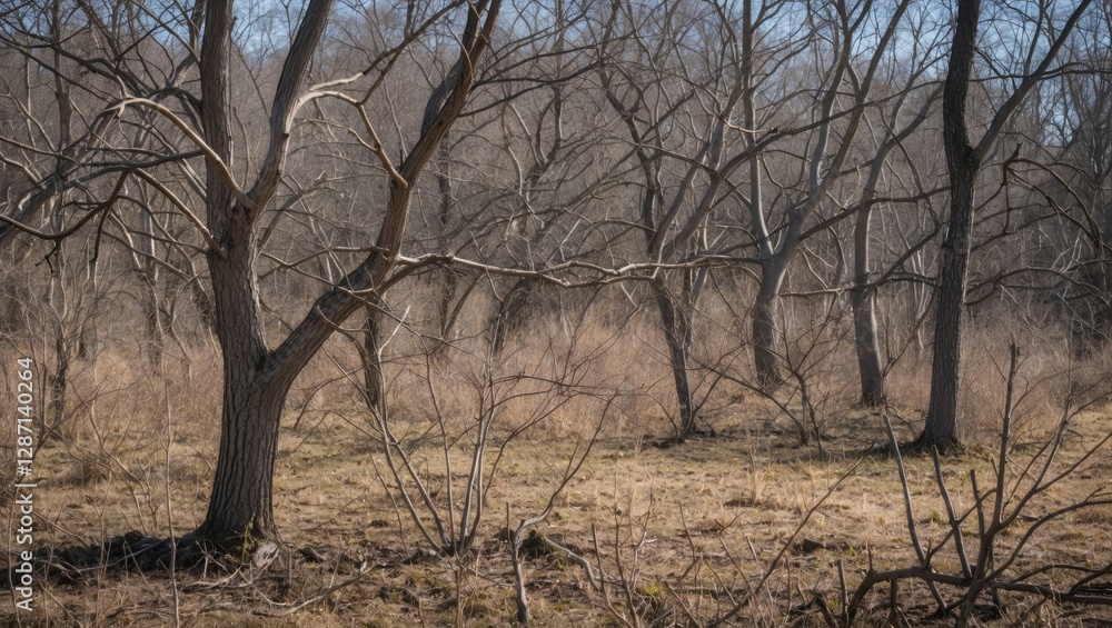 Bare Tree Branches in a Meadow Under Clear Blue Sky During Early Spring Season Bare Tree Branches in a Meadow Under Clear Blue Sky During Early Spring Season