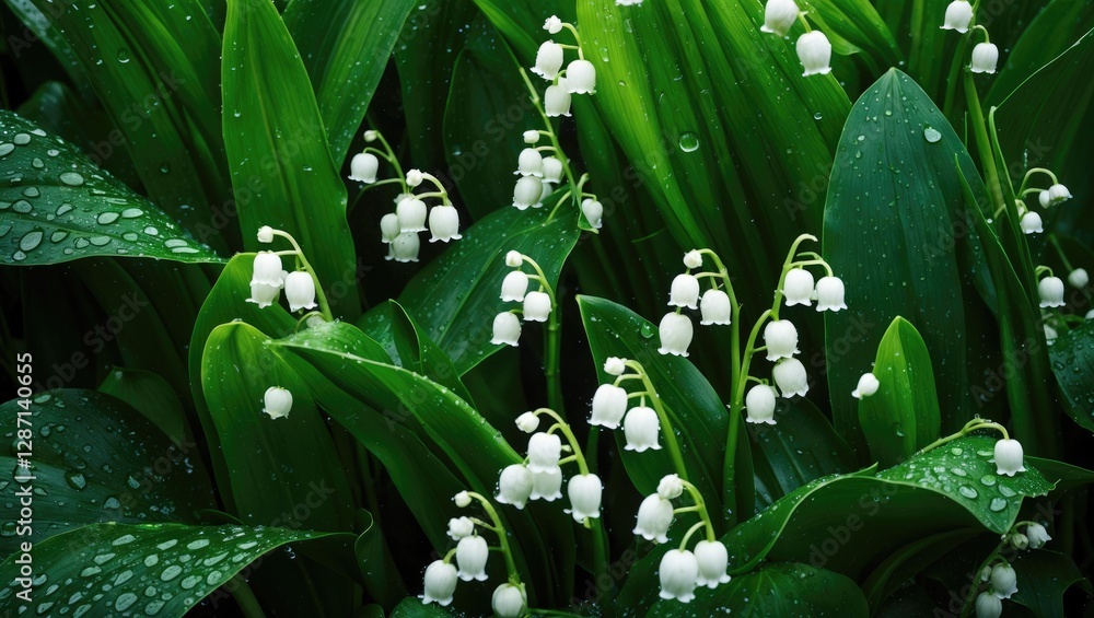 Obraz premium Lush lily of the valley blossoms glistening with raindrops amidst vibrant green leaves in a serene spring landscape.