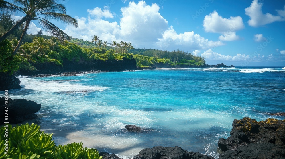 Fototapeta premium A serene coastal scene featuring turquoise waters, lush greenery, palm trees, and bright blue skies, capturing the beauty of a tropical paradise.