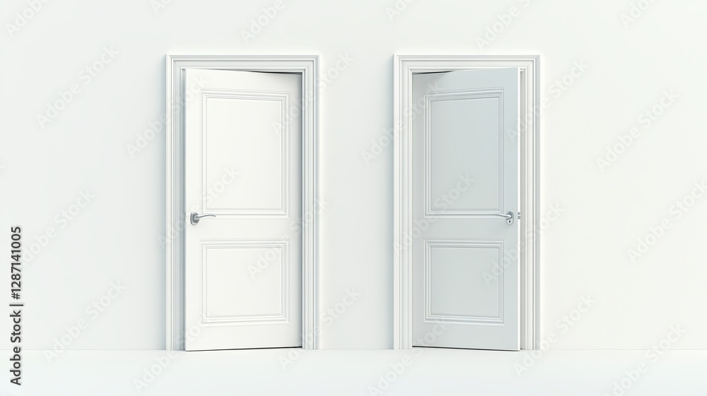 A 3D-rendered vector icon of a white wooden door, presented in both open and closed states A 3D-rendered vector icon of a white wooden door, presented in both open and closed states