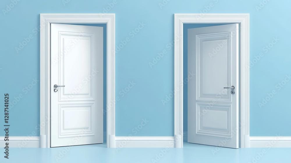 A 3D-rendered vector icon of a white wooden door, presented in both open and closed states A 3D-rendered vector icon of a white wooden door, presented in both open and closed states
