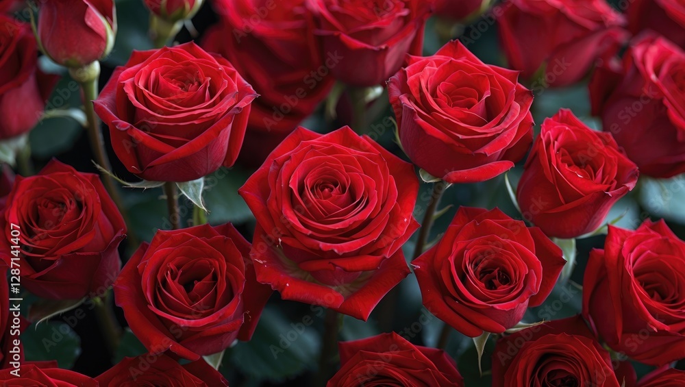 Vibrant red roses in full bloom showcasing intricate petal details and lush green foliage in a visually appealing close-up composition. Vibrant red roses in full bloom showcasing intricate petal details and lush green foliage in a visually appealing close-up composition.