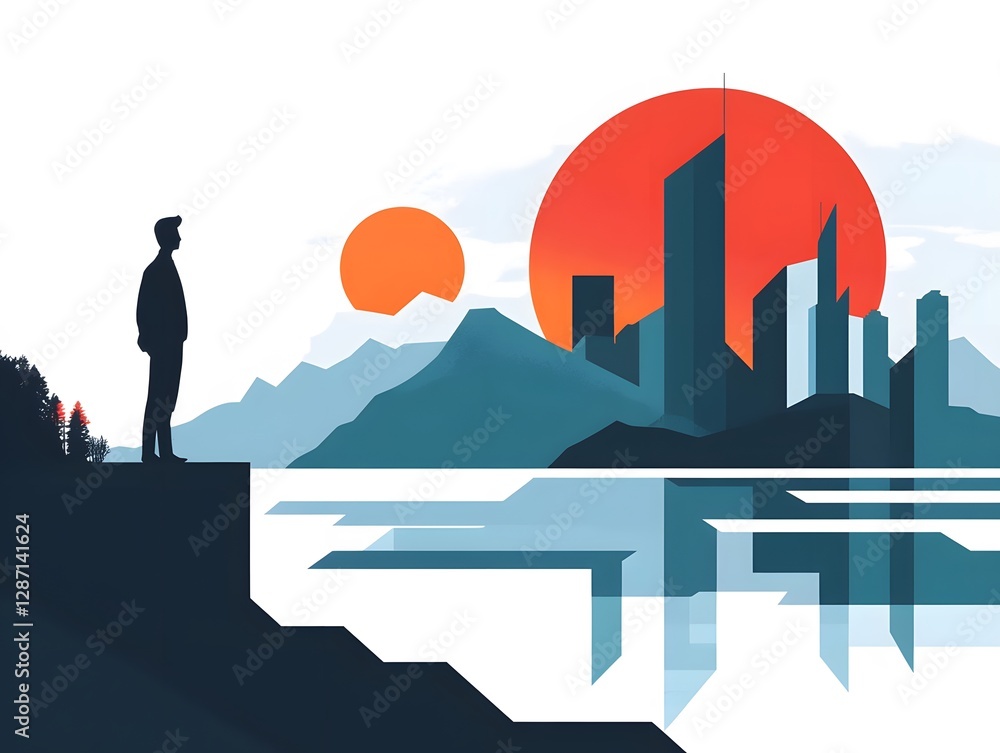 Obraz premium A captivating landscape featuring a silhouette of a person gazing at a vibrant sunset over mountains and reflective waters, showcasing the beauty of nature and urban life.