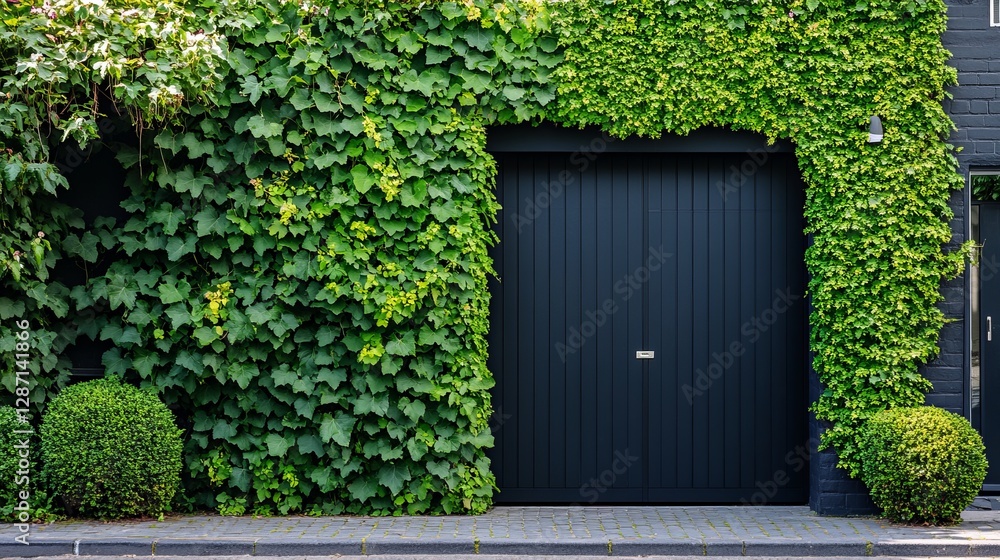 A black garage door adorned with green bushes and long ivy vines growing along its surface, blending nature with architecture A black garage door adorned with green bushes and long ivy vines growing along its surface, blending nature with architecture