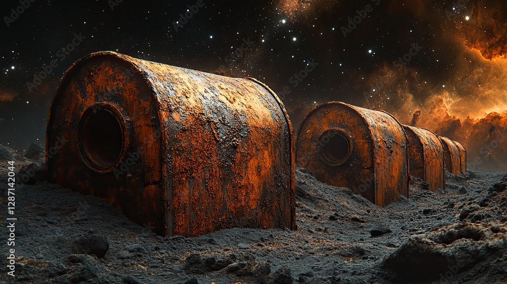 Rusting Cylindrical Metal Structures In An Alien Starry Environment Rusting Cylindrical Metal Structures In An Alien Starry Environment