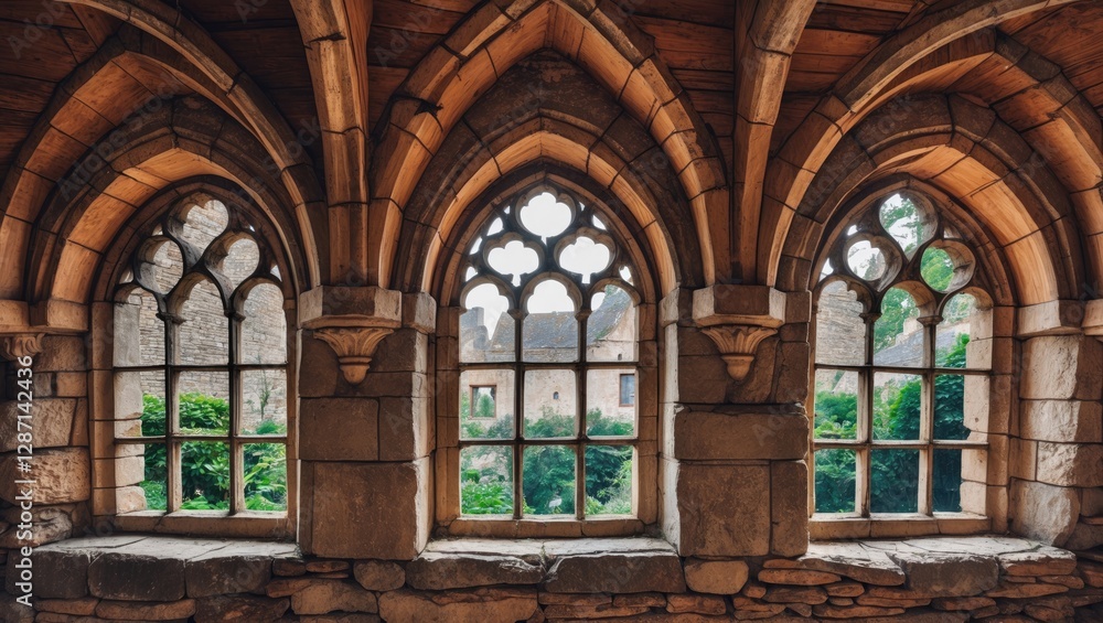 Medieval Architecture featuring Ornate Window Arches in Historical Stone Setting with Lush Greenery Outside Medieval Architecture featuring Ornate Window Arches in Historical Stone Setting with Lush Greenery Outside