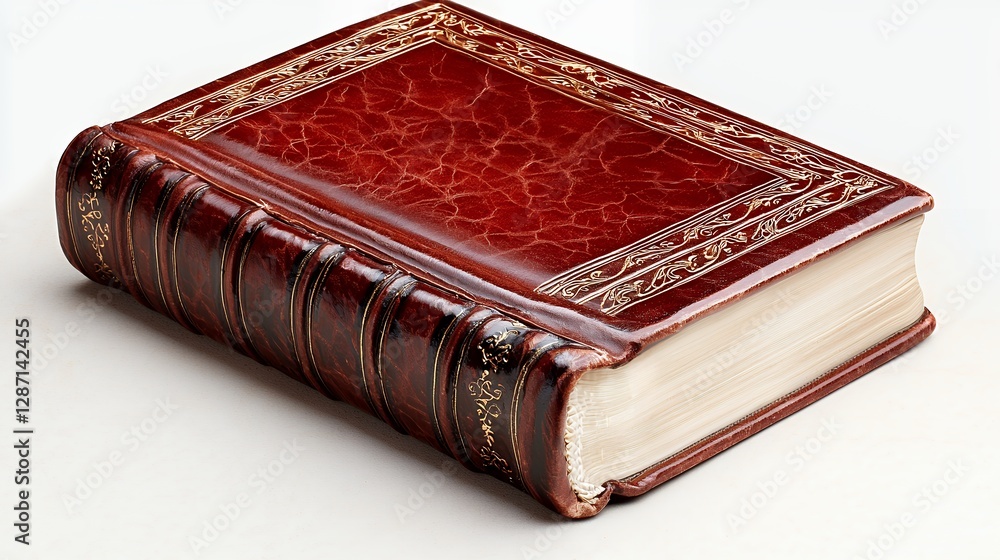 Antique Brown Leather Bound Book with Gold Accents on White Background Antique Brown Leather Bound Book with Gold Accents on White Background