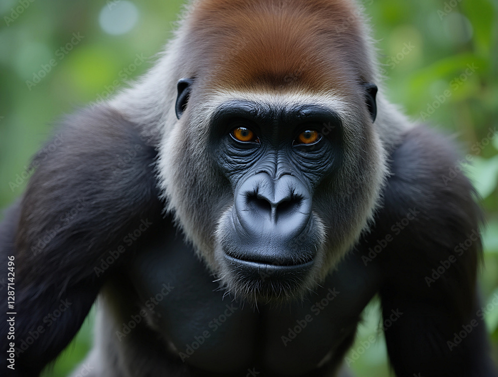 Fototapeta premium Close encounter with a gorilla in the lush rainforest, showcasing its striking features and intense gaze during a serene moment in the wild