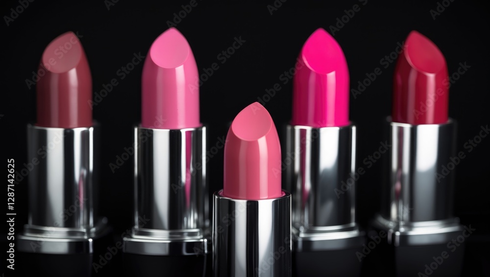 Obraz premium Elegant collection of matte pink lipsticks displayed on a sleek black background showcasing vibrant hues and glossy tubes for beauty marketing.