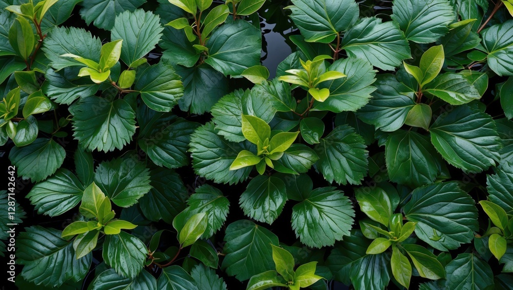 Naklejka premium Leaf texture and vibrant green pattern of water jasmine plant showcasing lush foliage in a serene natural setting.
