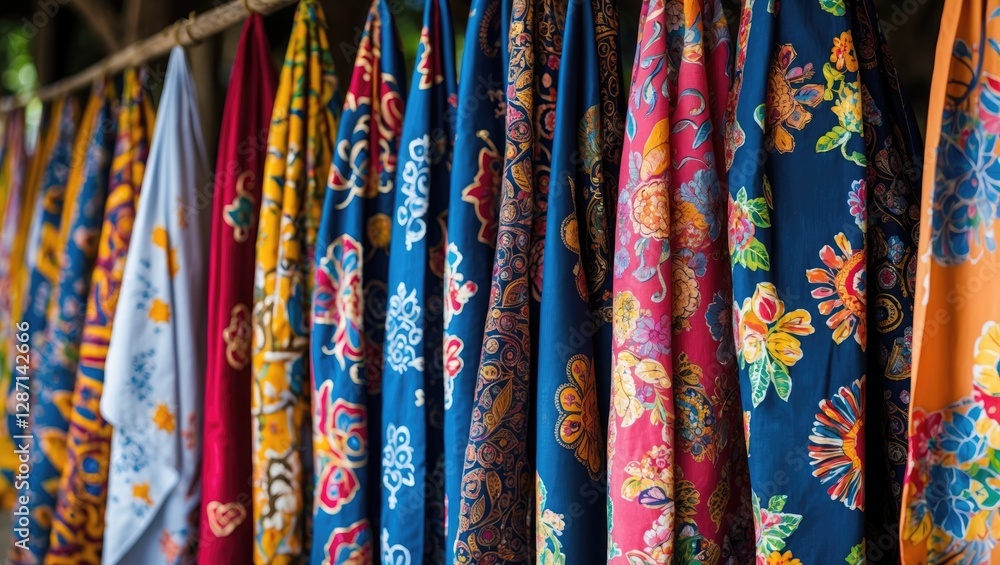 Batik fabrics in vibrant colors and intricate patterns showcasing Indonesian textile art heritage in Kulon Progo, Indonesia. Batik fabrics in vibrant colors and intricate patterns showcasing Indonesian textile art heritage in Kulon Progo, Indonesia.