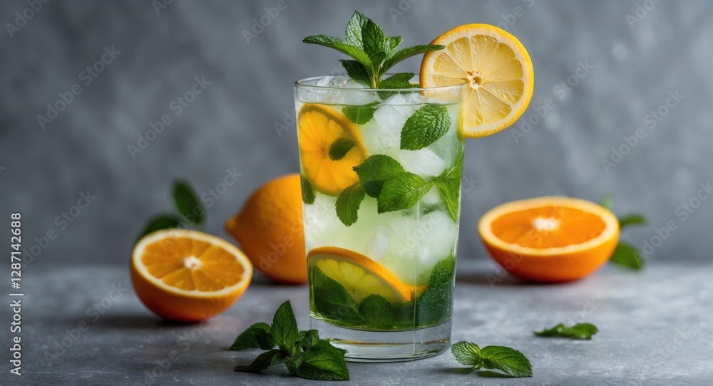 Refreshing Mojito with Lemon and Orange Slices Garnished with Mint on a Gray Background Perfect for Summer Cocktails Refreshing Mojito with Lemon and Orange Slices Garnished with Mint on a Gray Background Perfect for Summer Cocktails
