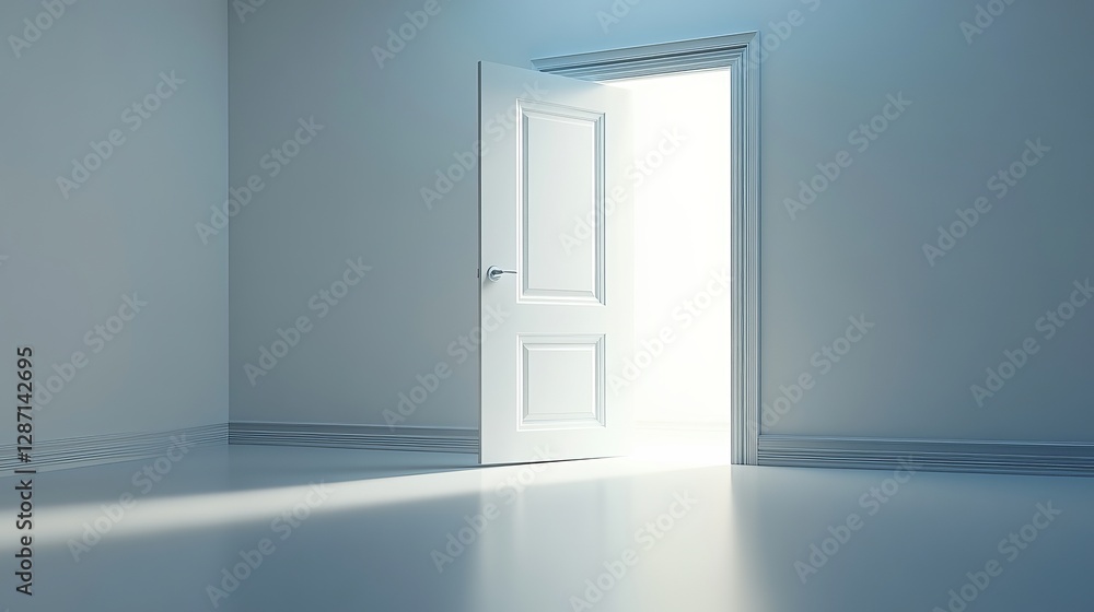 A bright open door leading into a luminous room, symbolizing new opportunities. A 3D-rendered conceptual image A bright open door leading into a luminous room, symbolizing new opportunities. A 3D-rendered conceptual image