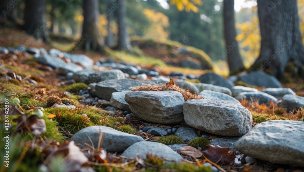 Scenic pathway with wild stones surrounded by autumn foliage in a tranquil forest setting. Ideal for nature and landscaping themes. Scenic pathway with wild stones surrounded by autumn foliage in a tranquil forest setting. Ideal for nature and landscaping themes.