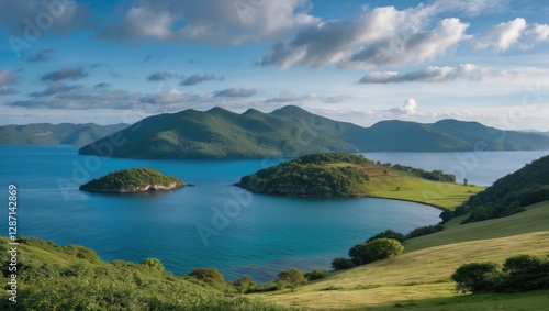 Wallpaper Mural Tranquil Seascape with Small Islands and Lush Green Hills Under Clear Blue Skies Torontodigital.ca