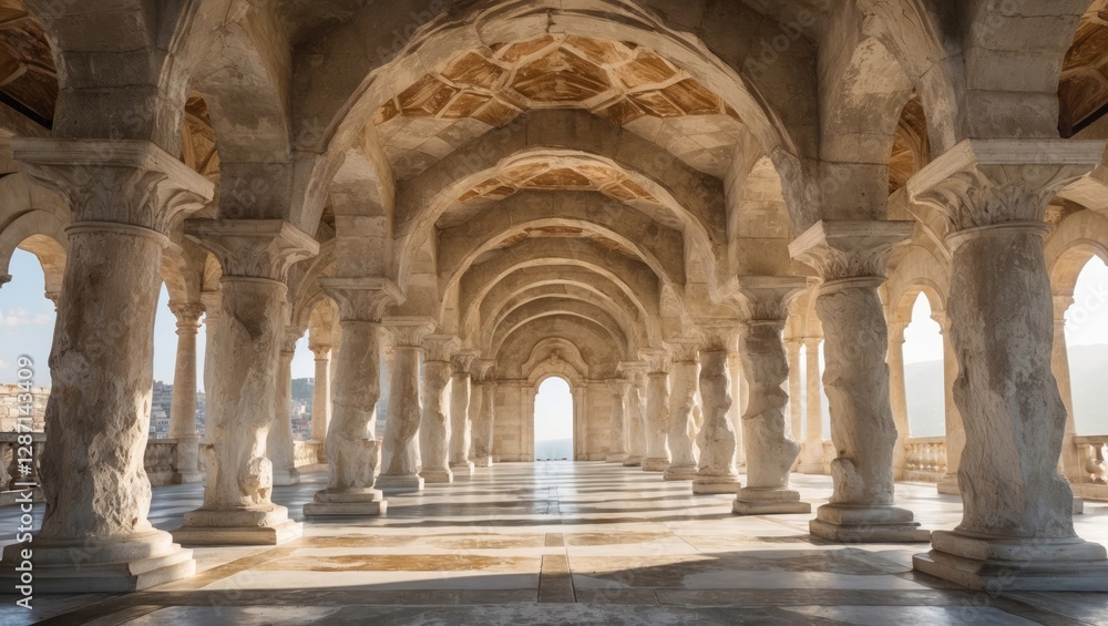 Architectural Elegance of Ancient Arches in a Grand Hall with Marble Flooring and Natural Light Streaming Through Architectural Elegance of Ancient Arches in a Grand Hall with Marble Flooring and Natural Light Streaming Through