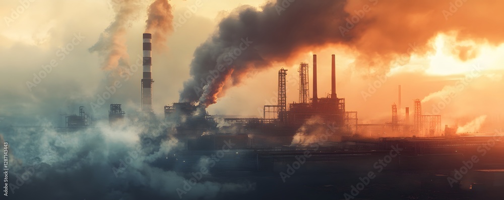 Obraz premium A dramatic industrial landscape showcasing tall smokestacks emitting thick smoke against a vibrant sunset. The scene captures the impact of industry on the environment.