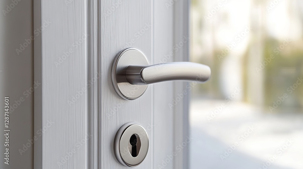 A close-up of a simple metal door handle and lock, installed on a white wooden door for a clean, modern look A close-up of a simple metal door handle and lock, installed on a white wooden door for a clean, modern look