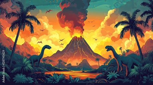 Prehistoric Volcano Landscape With Dinosaurs