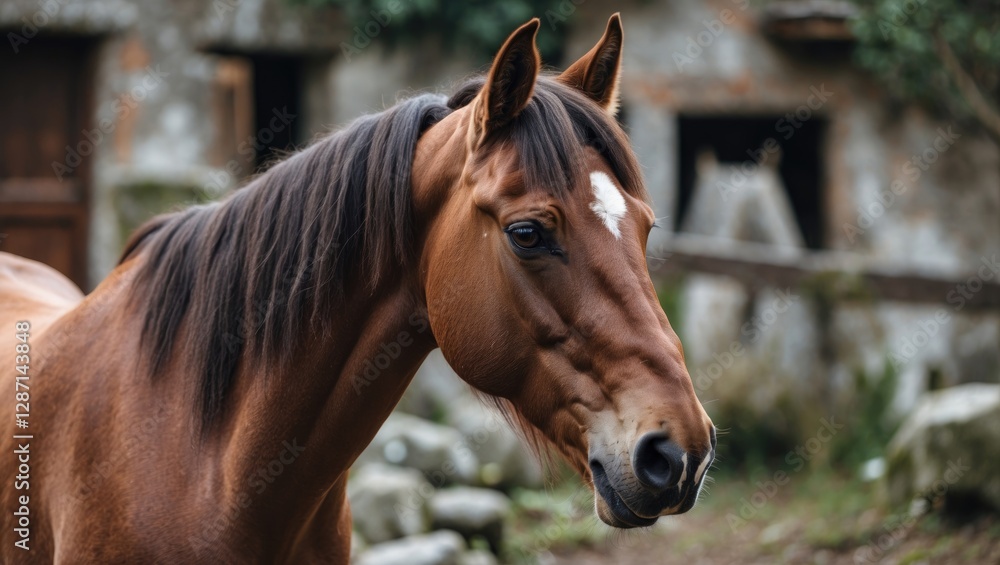Obraz premium Murgese horse portrait showcasing its elegant features and rustic farm background, representing an ancient Italian equine breed.