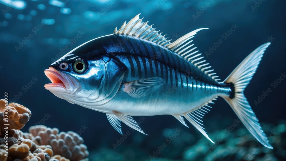 Little Tunny or False Albacore Swimming Above Coral Reef in Clear Ocean Water with Vibrant Marine Life Background Little Tunny or False Albacore Swimming Above Coral Reef in Clear Ocean Water with Vibrant Marine Life Background