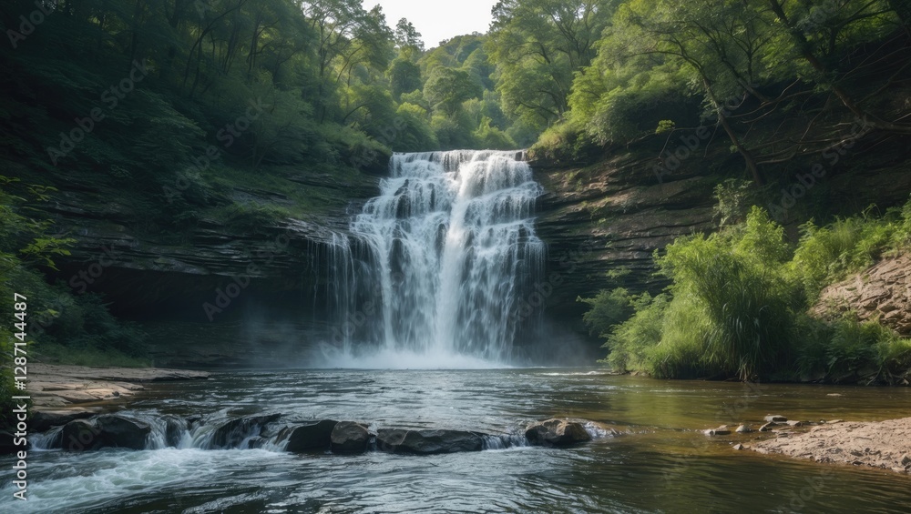 Obraz premium Waterfall cascading into serene river surrounded by lush greenery in tranquil natural setting during daytime.