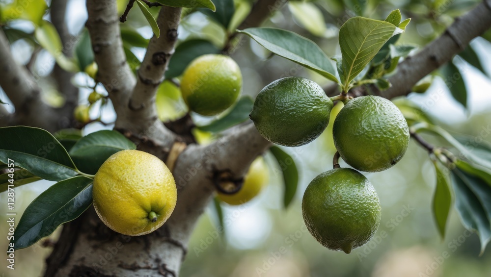 Lime and Lemon Fruits on Tree Branch with Green Leaves in Natural Light Lime and Lemon Fruits on Tree Branch with Green Leaves in Natural Light