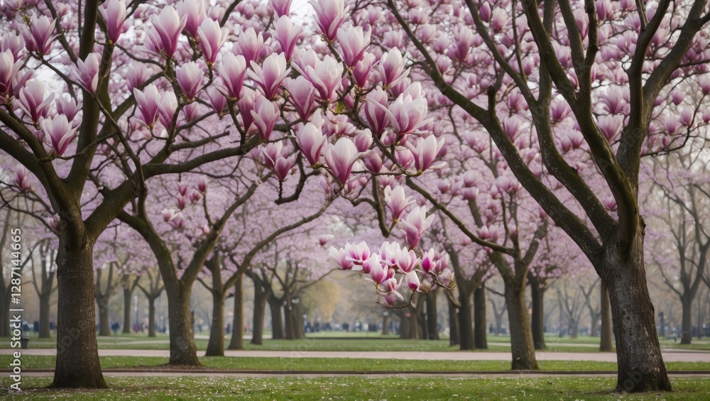 Magnolia Trees Blooming In A Serene Park Landscape With Lush Green Grass And Soft Pink Petals Creating A Tranquil Spring Atmosphere Magnolia Trees Blooming In A Serene Park Landscape With Lush Green Grass And Soft Pink Petals Creating A Tranquil Spring Atmosphere