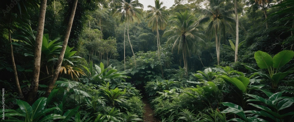 Naklejka premium Lush Tropical Forest Scene with Dense Green Vegetation and Space for Text in a Serene Natural Environment