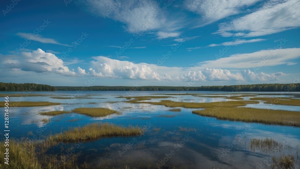 Obraz premium Serene Marsh Landscape Under Vast Blue Sky with Fluffy Clouds and Reflection on Water Surface Empty Banner Space for Custom Text