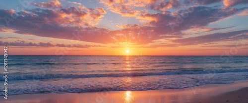 Vibrant summer sunset over tranquil beach with colorful clouds and sun nearing horizon, perfect for serene backgrounds or advertisements.