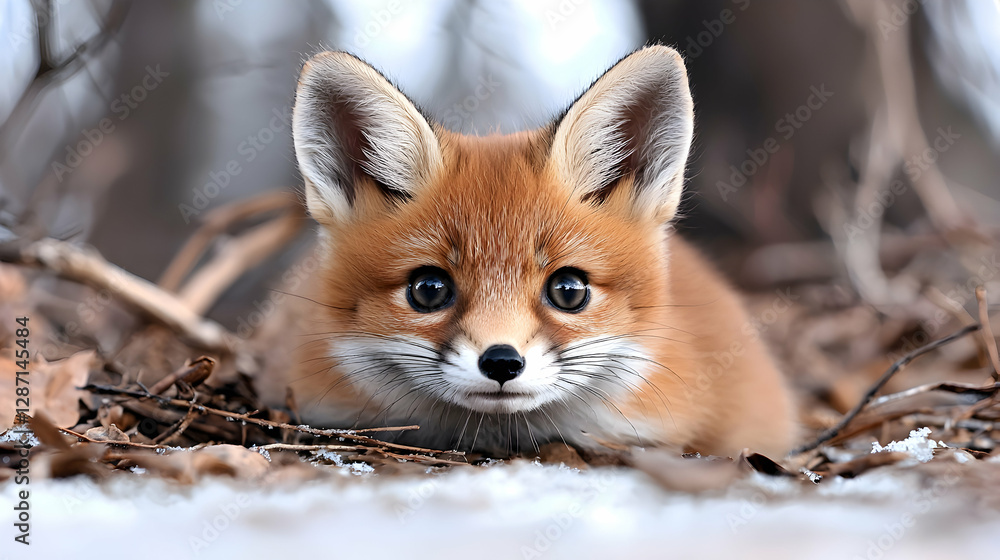 Fototapeta premium Cute red fox kit in winter forest, wildlife