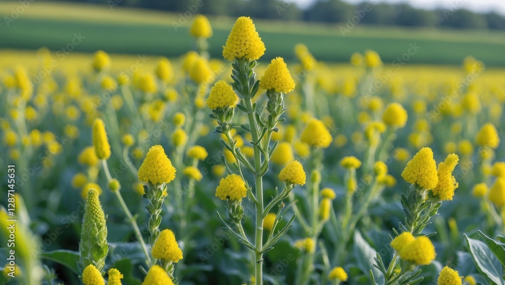 Obraz premium Vibrant Mustard Flower Field Under Clear Blue Sky with Lush Green Background Capturing Nature's Beauty and Agricultural Abundance