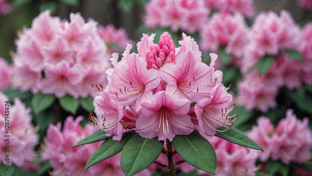 Delicate Pink Rhododendron Azalea Blooms with Lush Green Leaves and Space for Overlay Text in a Serene Garden Setting Delicate Pink Rhododendron Azalea Blooms with Lush Green Leaves and Space for Overlay Text in a Serene Garden Setting