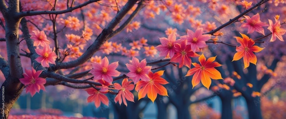 Blooming maple tree branches with vibrant flowers against a colorful background of blossoming foliage in springtime. Blooming maple tree branches with vibrant flowers against a colorful background of blossoming foliage in springtime.
