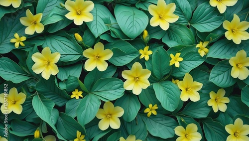 Wallpaper Mural Vibrant green leaves and bright yellow flowers creating a lush natural background texture for various design projects. Torontodigital.ca