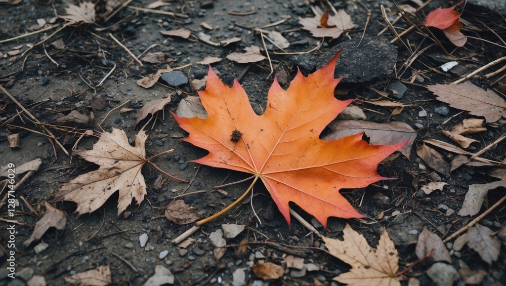 Vibrant orange maple leaf surrounded by autumn foliage on ground, capturing the beauty of fall season and nature's colors. Vibrant orange maple leaf surrounded by autumn foliage on ground, capturing the beauty of fall season and nature's colors.