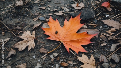 Vibrant orange maple leaf surrounded by autumn foliage on ground, capturing the beauty of fall season and nature's colors.